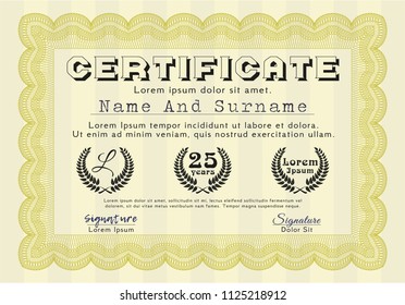 Yellow Sample certificate or diploma. With great quality guilloche pattern. Good design. Customizable, Easy to edit and change colors. 