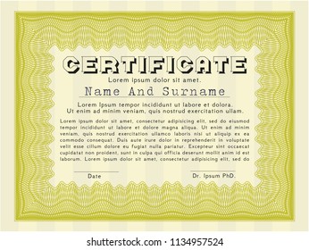 Yellow Sample certificate or diploma. With great quality guilloche pattern. Vector illustration. Money Pattern design. 