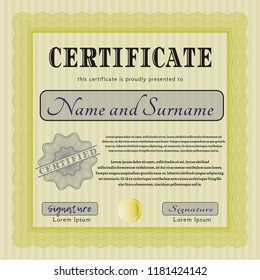Yellow Sample certificate or diploma. With great quality guilloche pattern. Superior design. Detailed. 