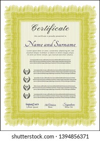 Yellow Sample certificate or diploma. With great quality guilloche pattern. Vector illustration. Perfect design. 