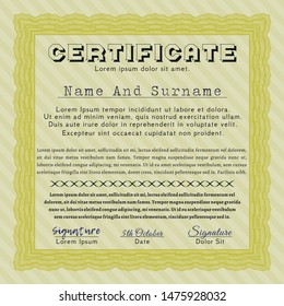 Yellow Sample certificate or diploma. With great quality guilloche pattern. Nice design. Customizable, Easy to edit and change colors. 