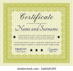 Yellow Sample certificate or diploma. With great quality guilloche pattern. Artistry design. Detailed. 