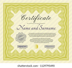 Yellow Sample certificate or diploma. With guilloche pattern. Artistry design. Customizable, Easy to edit and change colors. 