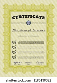 Yellow Sample certificate or diploma. With guilloche pattern and background. Retro design. Vector illustration. 
