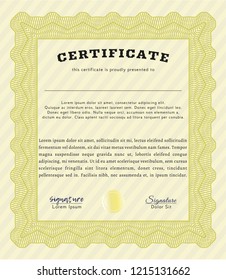 Yellow Sample certificate or diploma. With guilloche pattern and background. Detailed. Modern design. 
