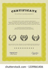 Yellow Sample certificate or diploma. With guilloche pattern and background. Lovely design. Detailed. 