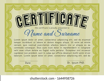 Yellow Sample certificate or diploma. With guilloche pattern and background. Money style design. Vector illustration. 