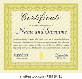 Yellow Sample certificate or diploma. With guilloche pattern and background. Detailed. Money Pattern. 