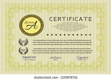 Yellow Sample certificate or diploma. With linear background. Money Pattern. Vector illustration. 