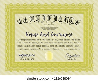 Yellow Sample certificate or diploma. Lovely design. Detailed. With linear background. 