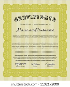 Yellow Sample certificate or diploma. Lovely design. Complex background. Detailed. 