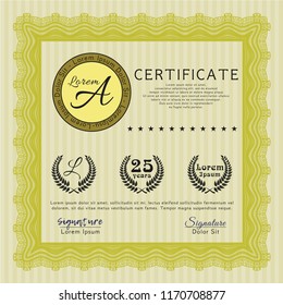 Yellow Sample certificate or diploma. Modern design. With complex background. Vector illustration. 