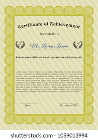 Yellow Sample certificate or diploma. Money design. Vector illustration. With complex background. 