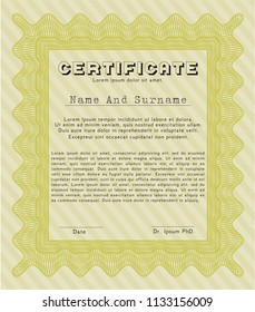 Yellow Sample certificate or diploma. Money style design. With complex linear background. Detailed. 