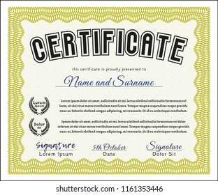 Yellow Sample certificate or diploma. Money Pattern. With guilloche pattern. Detailed. 