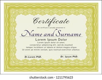 Yellow Sample certificate or diploma. Money Pattern design. With background. Vector illustration. 