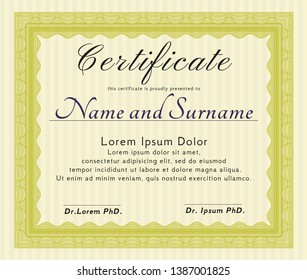 Yellow Sample certificate or diploma. Money design. With guilloche pattern. Customizable, Easy to edit and change colors. 