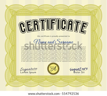 Yellow Sample certificate or diploma. Money Pattern design. Customizable, Easy to edit and change colors. With great quality guilloche pattern. 