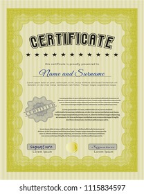 Yellow Sample certificate or diploma. Nice design. Detailed. With great quality guilloche pattern. 