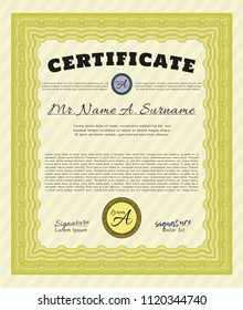 Yellow Sample certificate or diploma. Nice design. Printer friendly. Vector illustration. 