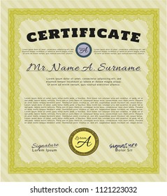 Yellow Sample certificate or diploma. Nice design. With complex background. Vector illustration. 