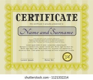 Yellow Sample certificate or diploma. Nice design. With complex background. Vector illustration. 