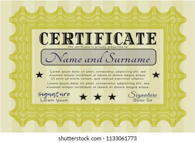 Yellow Sample certificate or diploma. Nice design. Customizable, Easy to edit and change colors. With great quality guilloche pattern. 