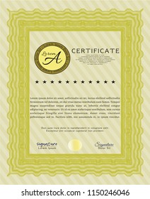 Yellow Sample certificate or diploma. Nice design. Detailed. Complex background. 