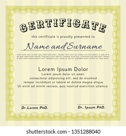 Yellow Sample certificate or diploma. Nice design. With background. Vector illustration. 