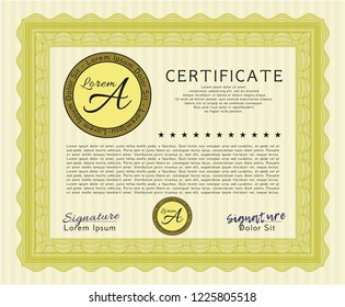 Yellow Sample certificate or diploma. Perfect design. With complex linear background. Vector illustration. 