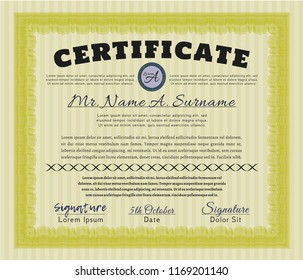 Yellow Sample certificate or diploma. Printer friendly. Customizable, Easy to edit and change colors. Excellent design. 