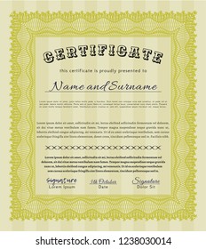 Yellow Sample certificate or diploma. Printer friendly. Beauty design. Customizable, Easy to edit and change colors. 