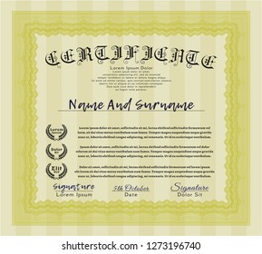 Yellow Sample certificate or diploma. Printer friendly. Vector illustration. Superior design. 