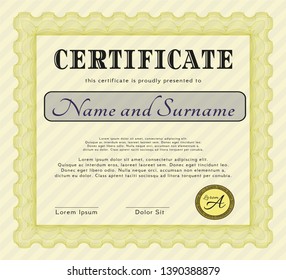 Yellow Sample certificate or diploma. Printer friendly. Nice design. Customizable, Easy to edit and change colors. 