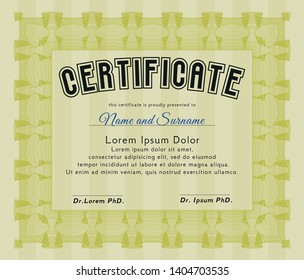 Yellow Sample certificate or diploma. Printer friendly. Detailed. Cordial design. 