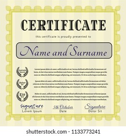Yellow Sample certificate or diploma. With quality background. Perfect design. Customizable, Easy to edit and change colors. 