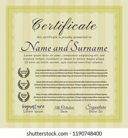 Yellow Sample certificate or diploma. With quality background. Cordial design. Customizable, Easy to edit and change colors. 