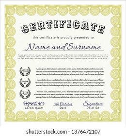Yellow Sample certificate or diploma. With quality background. Vector illustration. Money style design. 