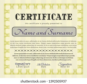 Yellow Sample certificate or diploma. With quality background. Vector illustration. Superior design. 
