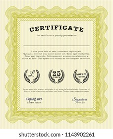 Yellow Sample certificate or diploma. Retro design. With great quality guilloche pattern. Detailed. 