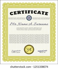 Yellow Sample certificate or diploma. Retro design. Detailed. Easy to print. 
