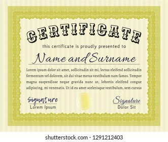 Yellow Sample certificate or diploma. Retro design. Printer friendly. Vector illustration. 