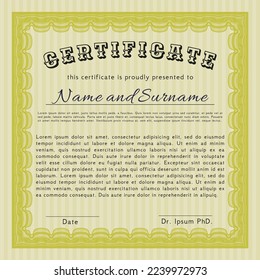 Certificado o diploma de la muestra amarilla.  Diseño retro.  Con un fondo lineal complejo.  Ilustración vectorial. 