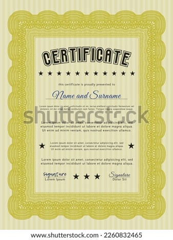 Yellow Sample certificate or diploma.  Sophisticated design.    