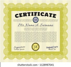 Yellow Sample certificate or diploma. Superior design. With great quality guilloche pattern. Detailed. 