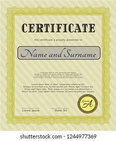 Yellow Sample certificate or diploma. Superior design. Detailed. With guilloche pattern. 