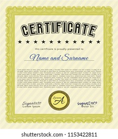 Yellow Sample certificate or diploma. Vector illustration. With complex background. Money style design. 