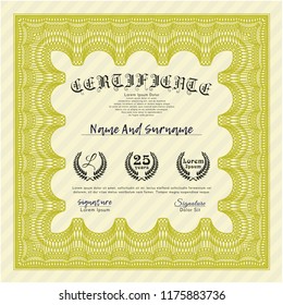 Yellow Sample certificate or diploma. Vector illustration. With great quality guilloche pattern. Retro design. 