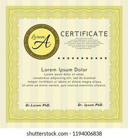 Yellow Sample certificate or diploma. Vector illustration. Complex background. Artistry design. 