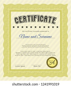 Yellow Sample certificate or diploma. Vector illustration. Printer friendly. Lovely design. 